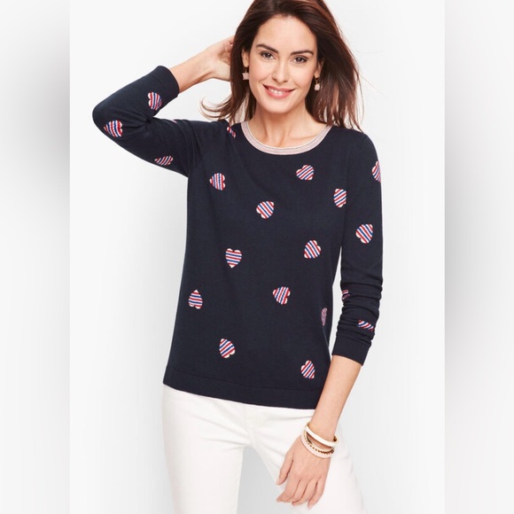 Talbots Navy Heart Print Tie Back Sweater, Size Medium, Love